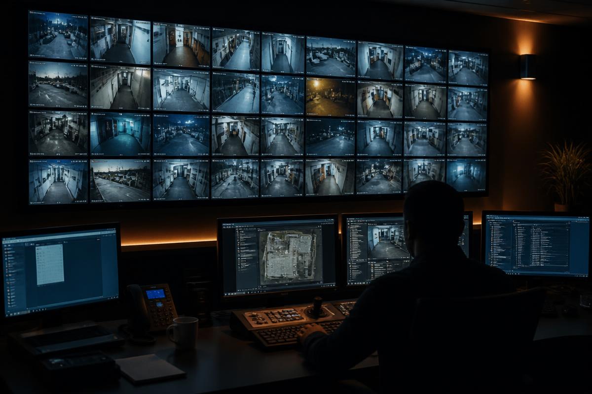 Security control room with a wall of CCTV monitors showing live camera feeds