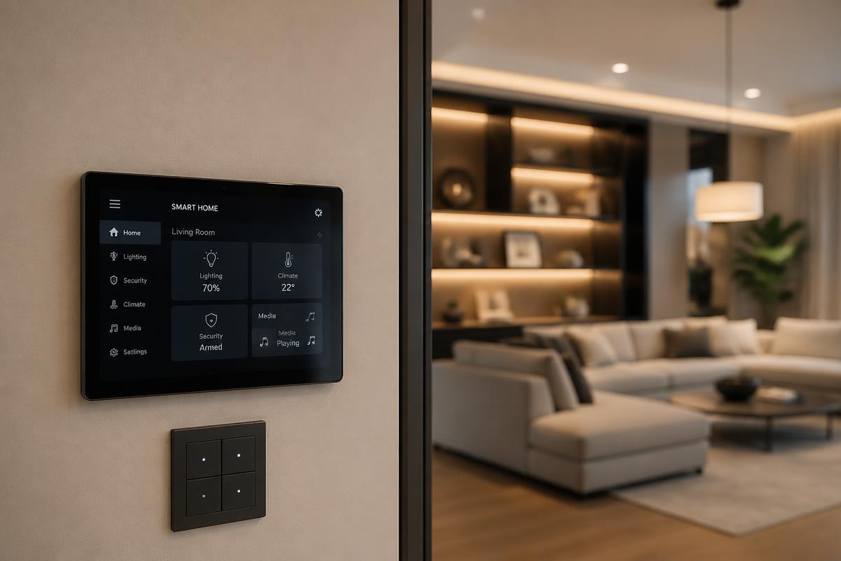 Wall-mounted smart home control touchscreen beside a modern living room