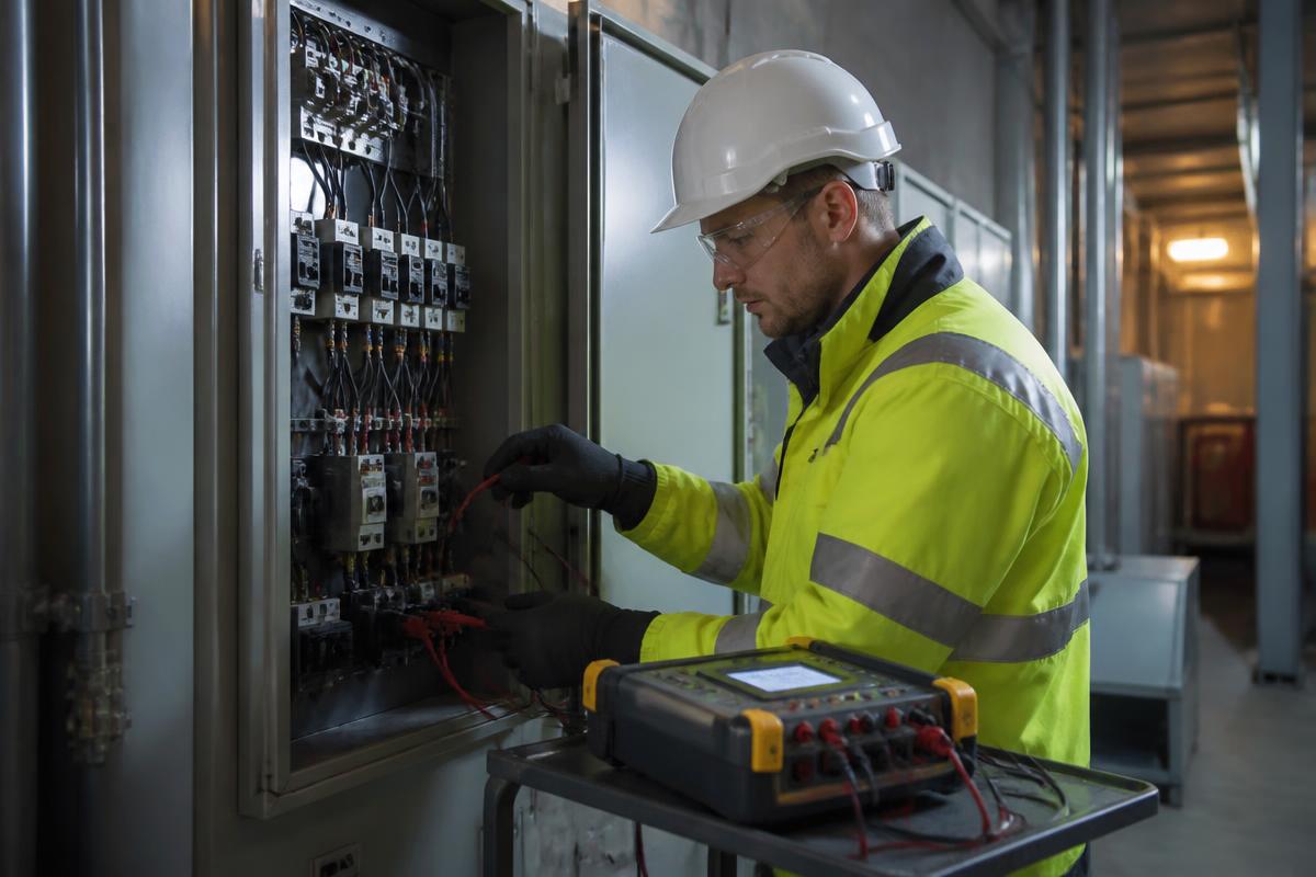 SIKS technician performing secondary injection testing on a low-voltage panel